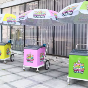 Ice cream chargeable trolley with battery powered freezer for outdoor vending